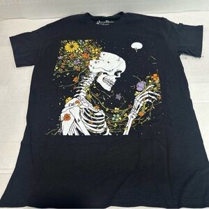Threadless Black Tee with Colorful Floral Skeleton Design